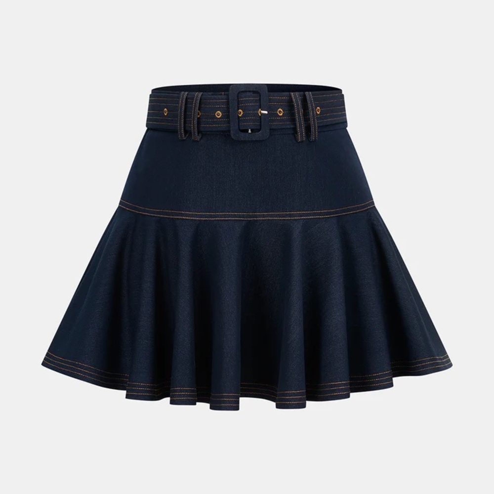 Commense Denim Belted A-Line Mini Skirt with Belt